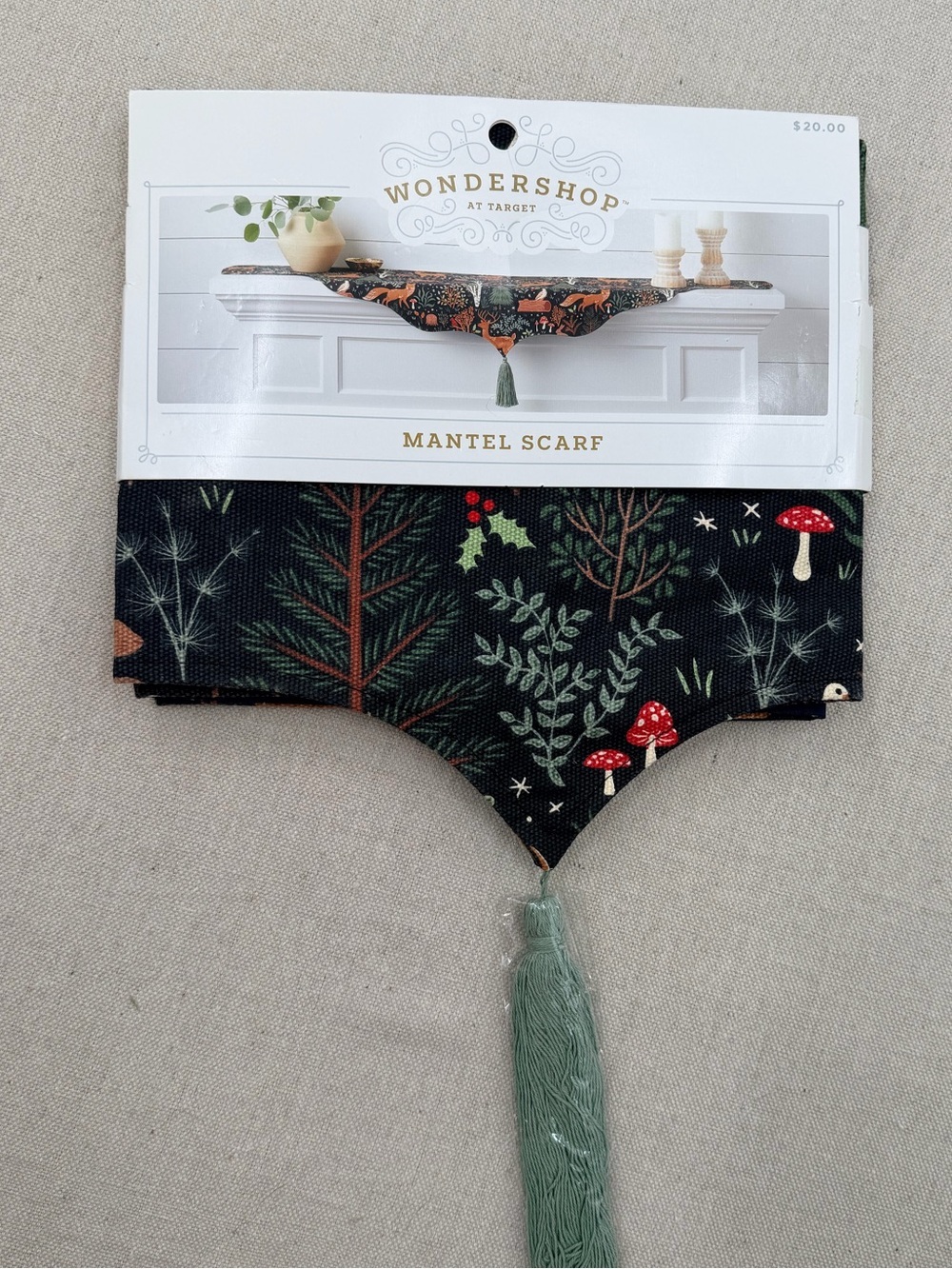 Wondershop Dark Forest Mushroom Mantel Scarf with Sage Tassel